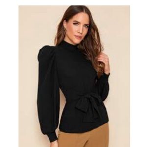 Mock-neck Tie Front Lantern Sleeve Rib-knit Top